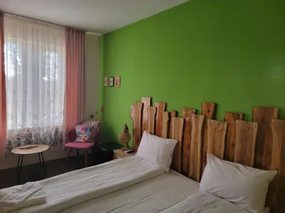 a bedroom with a bed and a green wall at Стаи за гости Писателите in Hisarya