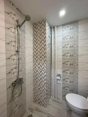a bathroom with a shower with fish on the wall at Magnolia city view studio in Sofia
