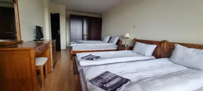 a hotel room with two beds and a desk at Apartment Geronimo in Pamporovo