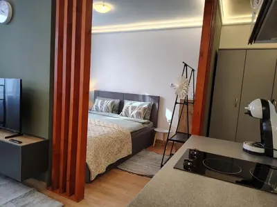 a bedroom with a bed and a television in it at Ski lift studio in Bansko