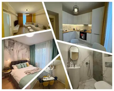 a collage of four pictures of a room at Homely Apartment in Lozenets Sofia in Sofia