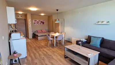 a living room with a couch and a table at Cosy n fully equipped studio in Samokov