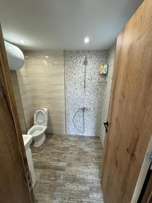 a bathroom with a toilet and a shower at Вила Mountain Ship in Dedovo
