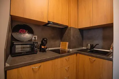 a small kitchen with a microwave and a sink at Borovets Gardens Aparthotel Seasons Borovets PM in Borovets
