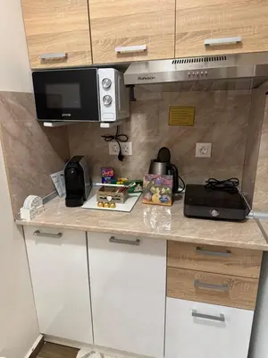 a kitchen with a counter top with a microwave at Borovetz Gardens MVS Apart E28 in Borovets