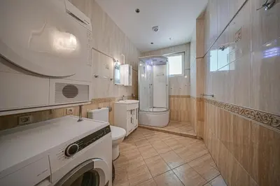 a bathroom with a toilet and a sink and a washing machine at The Exquisite Residence in Zheleznitsa