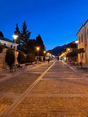 a cobblestone street at night with street lights at The New Inn in Bansko