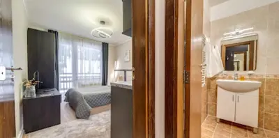 a bathroom with a sink and a bed in a room at Dream View Family Retreat in Pamporovo
