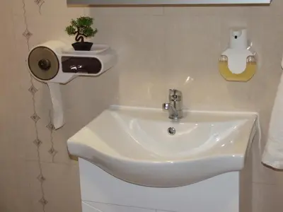 a white sink in a bathroom with a potted plant at Апартамент за гости 