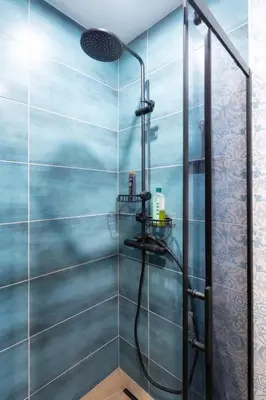 a bathroom with a shower with a blue wall at Modern 1 Bedroom by the Gondola in Bansko