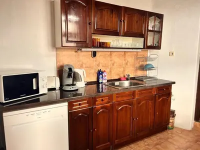 a kitchen with wooden cabinets and a sink and a microwave at Nadejda Guest House in Tyzha in Tŭzha