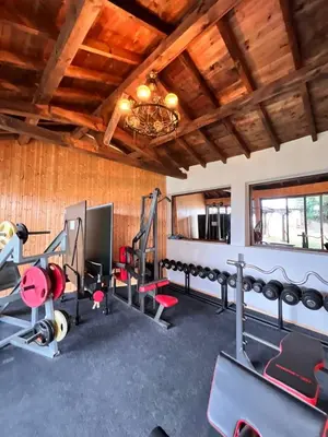 a fitness room with gym equipment and a ceiling at Nadejda Guest House in Tyzha in Tŭzha