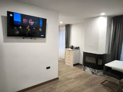 a living room with a flat screen tv on a wall at Victoria Elegance Apartment in Sofia