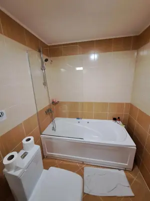 a bathroom with a white tub and a toilet at ВасиленаАпарт in Pamporovo