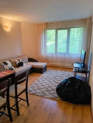 a living room with a couch and a table at Evrika home 4 in Pamporovo