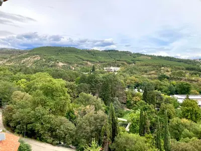 a view of a valley with trees and mountains at Apartment Park View in Sandanski