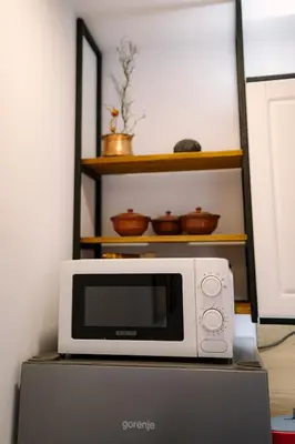 a microwave sitting on top of a refrigerator at Top Center in Blagoevgrad