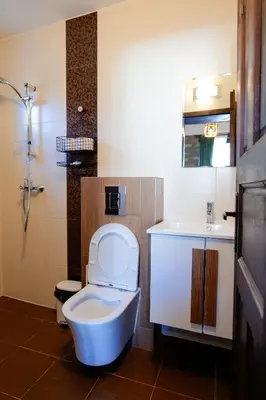 a bathroom with a toilet and a sink at Трите къщи in Leshten