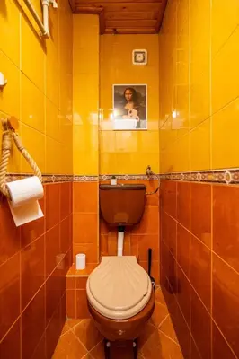 a bathroom with a toilet in a yellow wall at Belle Epoque-Sofia-Free parking in Sofia