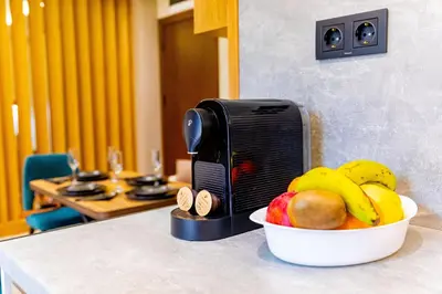 a bowl of fruit on a counter next to a toaster at Apartments Polejanov in Razlog