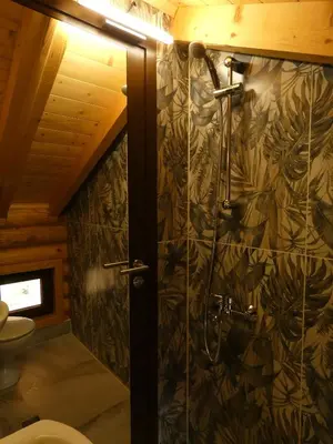 a bathroom with a shower and a toilet at Стилни и Луксозни Вили за разпускане in Malo Buchino