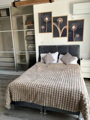 a bedroom with a bed with a brown comforter at Ira 28 in Sandanski