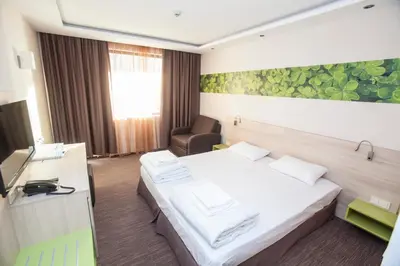 a hotel room with a bed and a desk at Therma Vitae - Профилакториум Огняново in Ognyanovo