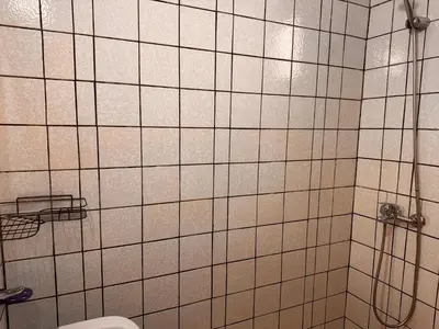 a white tiled bathroom with a shower and a toilet at Апартамент Лилия Сандански in Sandanski