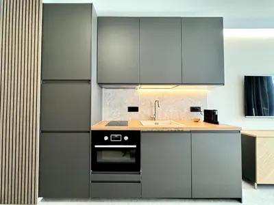 a kitchen with gray cabinets and a sink at Eleve Residences Sofia in Sofia