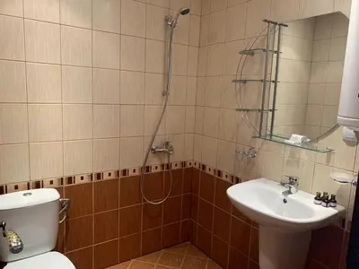 a bathroom with a shower and a toilet and a sink at Granat next to Ski Lift by BookVillaBG in Bansko