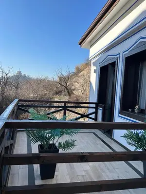 a balcony with two potted plants on a house at Lambrina 2 Apartment in Plovdiv