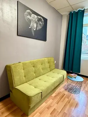 a living room with a green couch and an elephant picture at The Rainbow 10 in Sofia