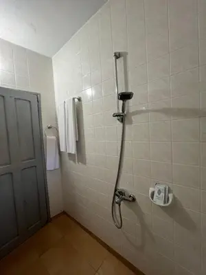 a bathroom with a shower with a sink and a door at Apаrtment Melnik home in Melnik