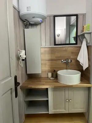 a bathroom with a sink and a mirror at Apаrtment Melnik home in Melnik