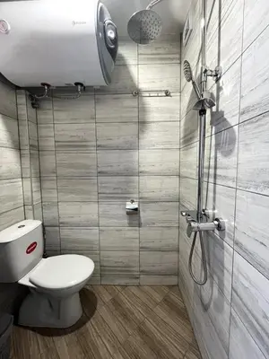 a bathroom with a toilet and a shower stall at Апартаменти село Баня in Banya