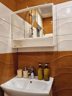 a bathroom with a sink and a mirror at Slavveykovs Apartment in Sofia