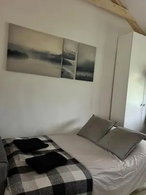 a bedroom with a bed with three pictures on the wall at VILLA INBAR - Village house on the river in Boykovets