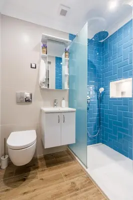 a bathroom with a toilet and a shower with blue tiles at Casa Dolce far niente , in Blue, PARKING in Sofia