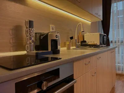 a kitchen with a counter top with a coffee maker at Apart-Tundzha 6 in Sofia