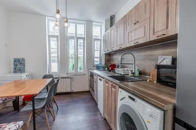 a kitchen with a sink and a washing machine at Vitoshka Inn - R2 in Sofia