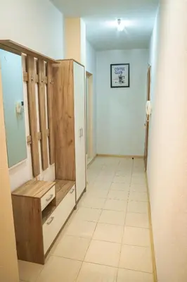 a hallway with a dressing room with a mirror at Azuri in Sandanski