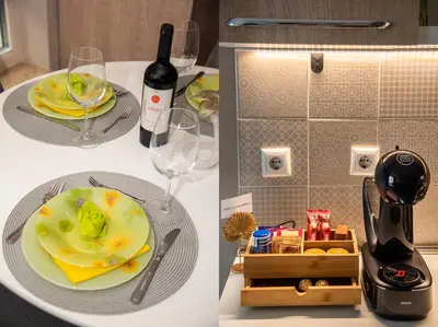 two pictures of a table with a plate and wine glasses at Luxury Stays Kapana Plovdiv in Plovdiv