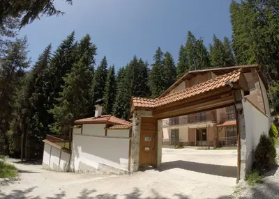 a gate to a house with trees in the background at Ивелия Къща за гости in Dospat