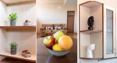 three pictures of a bowl of fruit in a room at Studio KFC in Sofia