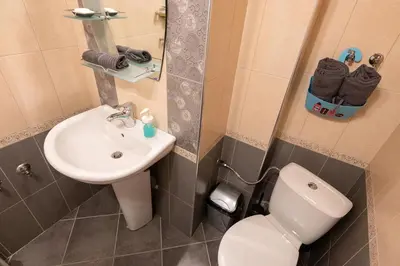 a small bathroom with a toilet and a sink at Studio KFC in Sofia