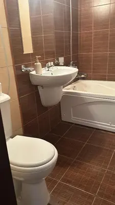a bathroom with a toilet and a sink and a bath tub at Eleonor Mountain Studio in Bansko
