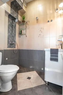 a bathroom with a toilet and a shower at Studio Subway in Sofia