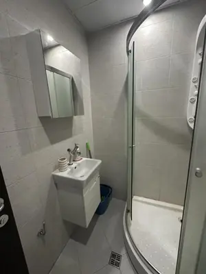 a white bathroom with a sink and a shower at Metropolitan Paradise & private parking in Sofia