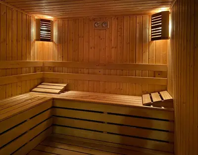 a sauna with wood paneled walls and a bench in it at Cozy SPA Retreat with free Bottle of Wine in Aspen Golf in Razlog