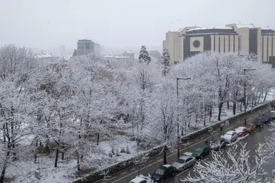 a snow covered city with cars parked on a street at Little HoMe with a Park View by Flat Mаnager in Sofia